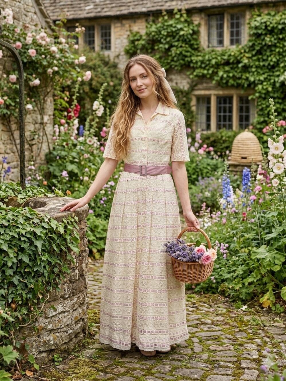 Solo San Francisco Vintage Lace Maxi Dress Pink Ribbon Trim Belted Cottagecore